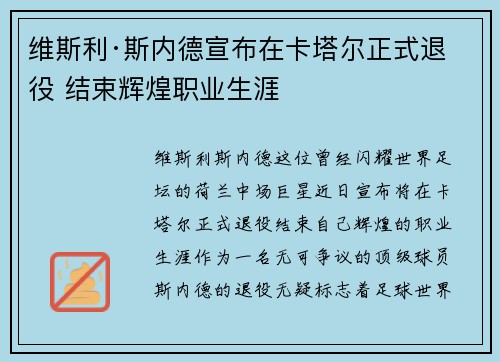 维斯利·斯内德宣布在卡塔尔正式退役 结束辉煌职业生涯 维斯利·斯内德宣布在卡塔尔正式退役 结束辉煌职业生涯